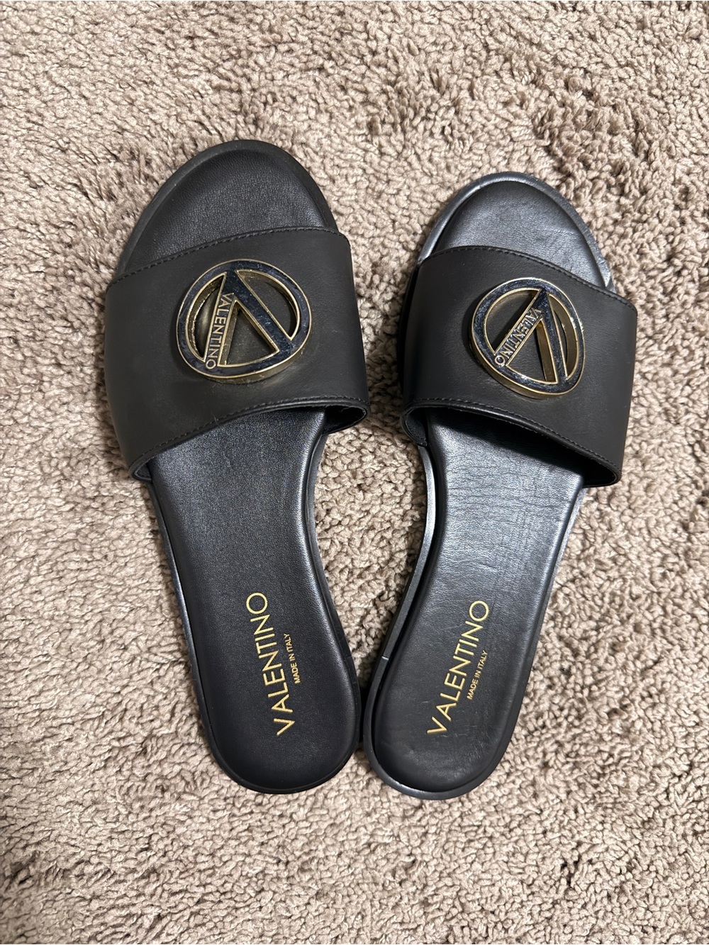 Valentino Black Leather Slide Sandals with Gold Logo Medallion